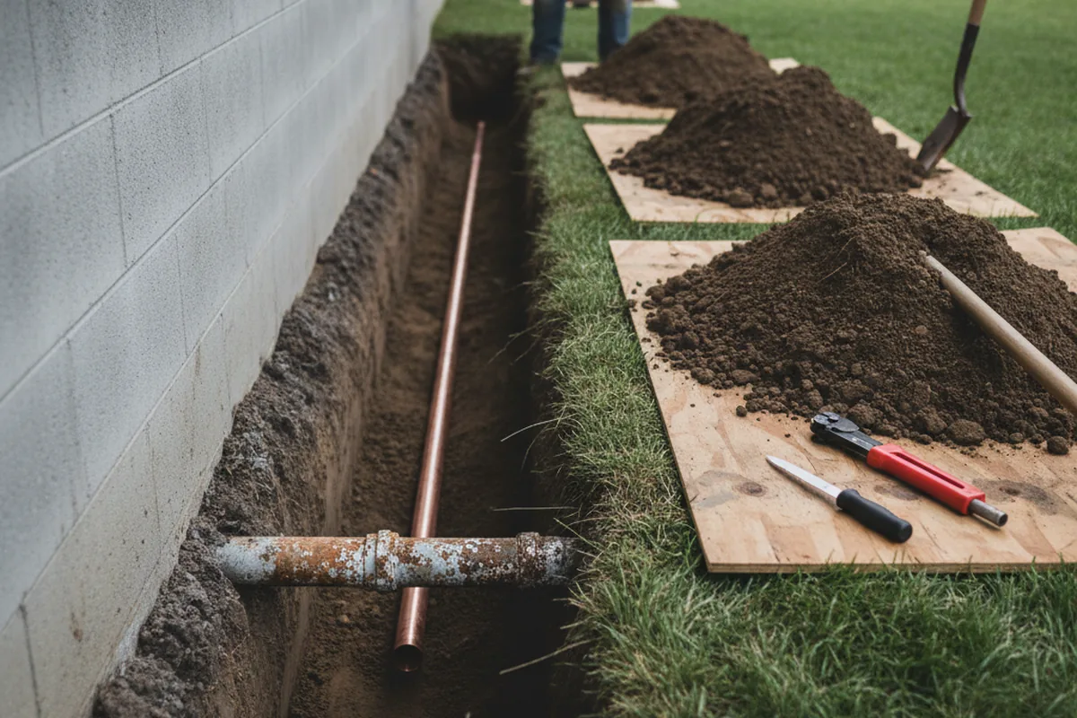 Excavated water line trench during Water Heater Repair in Wiley